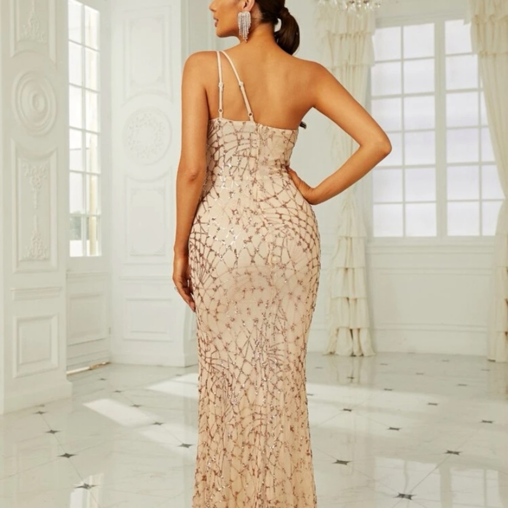 Floor length gown, flesh colored with gold sequin, one shoulder maxi